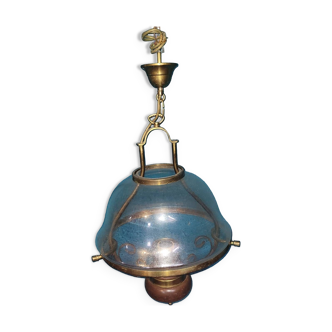 Hanging lantern in blown glass/brass/wood