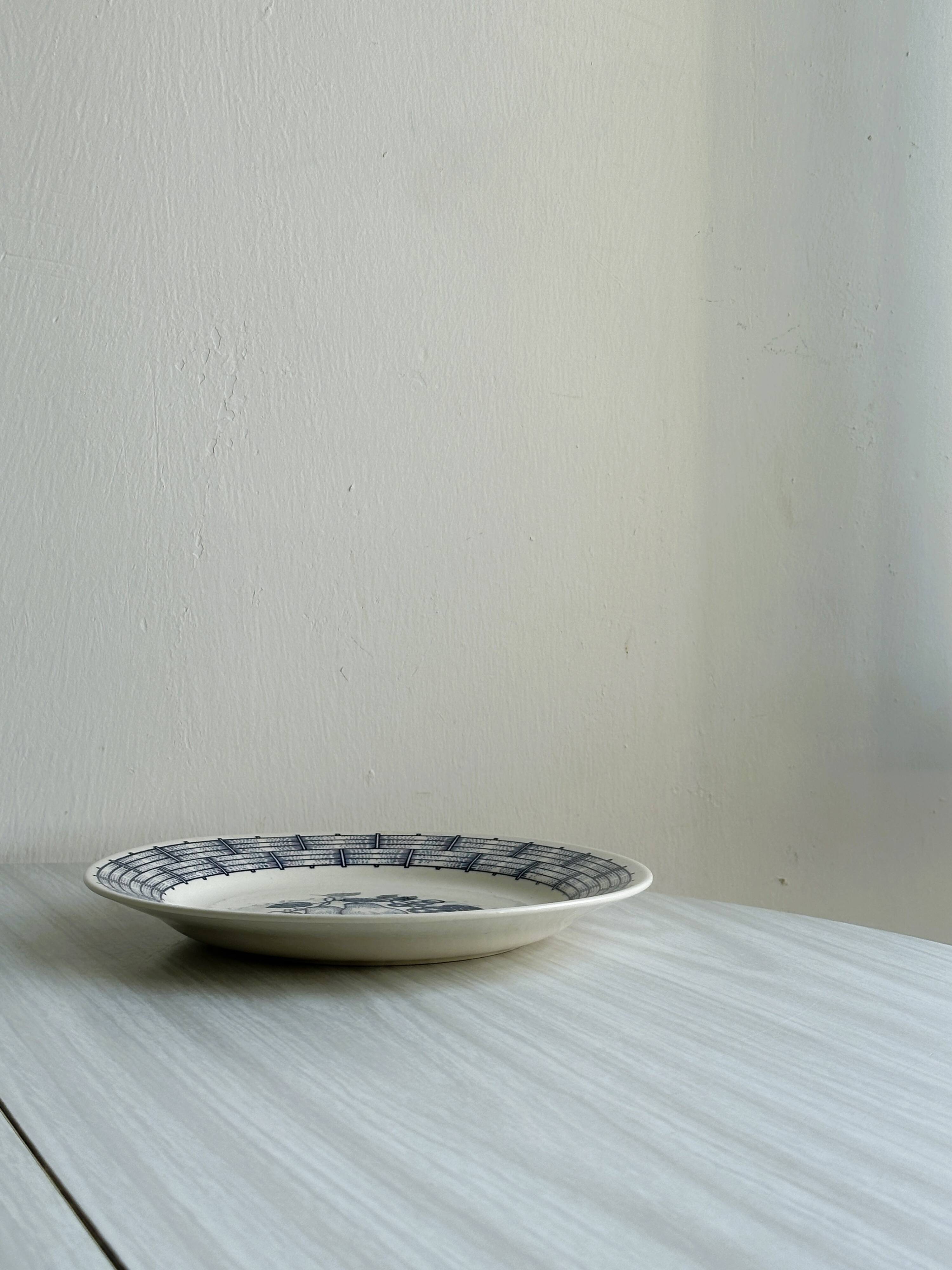 White ceramic plate with a blue fruit pattern.