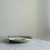 White ceramic plate with a blue fruit pattern.