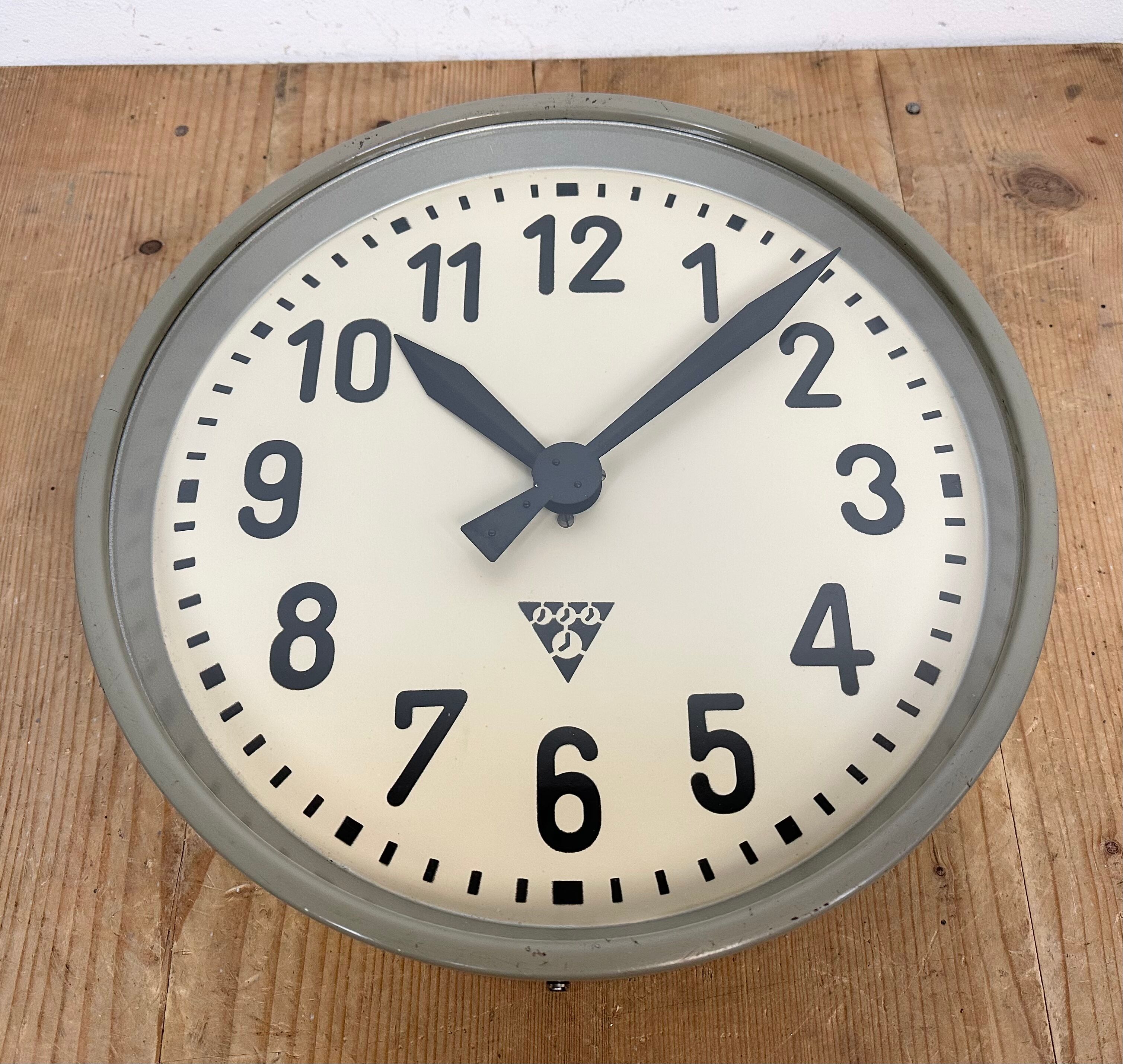 Grey Industrial Factory Wall Clock from Pragotron, 1950s