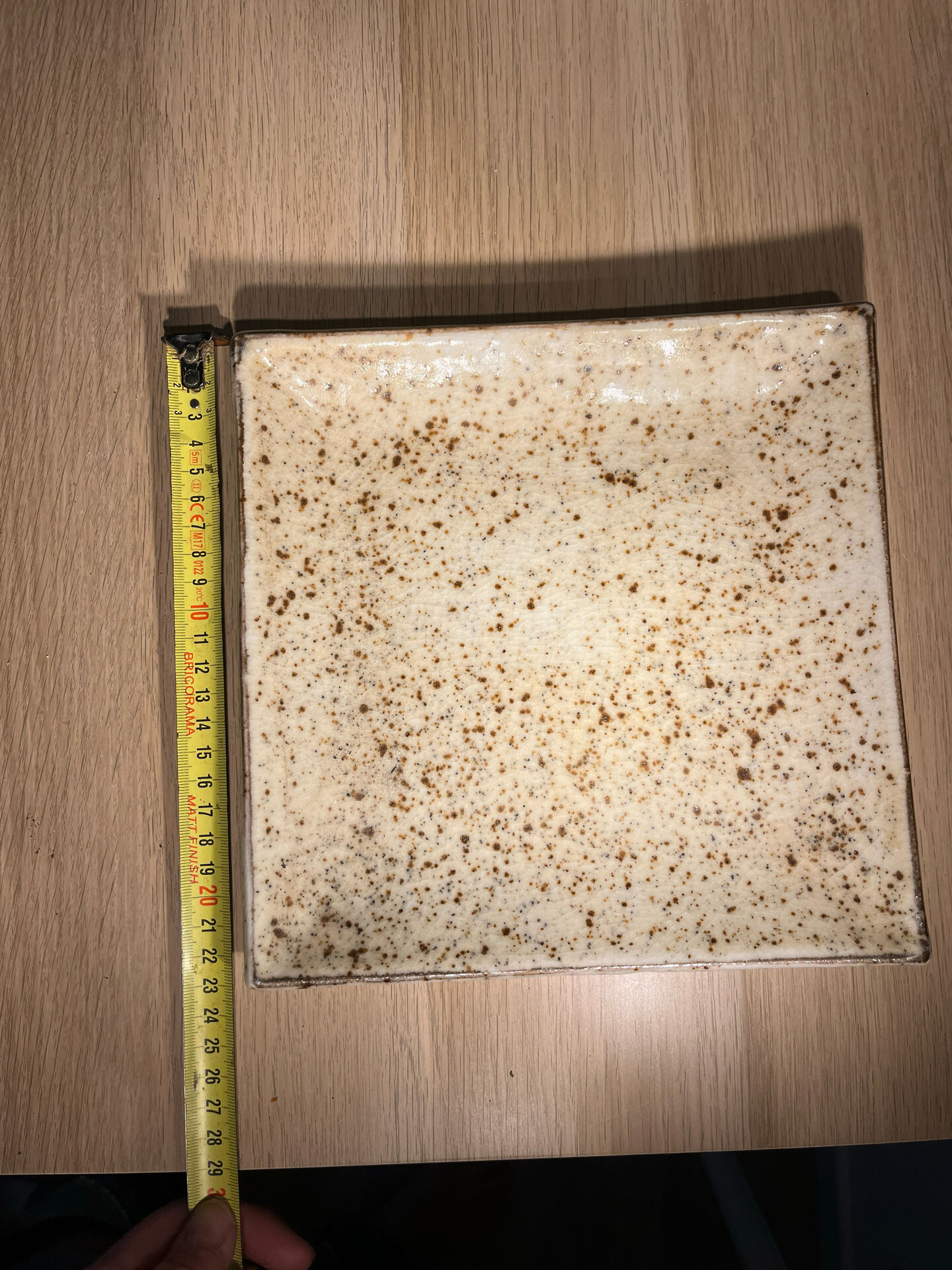 Vintage signed square ceramic plate – speckled cream enamel – 22