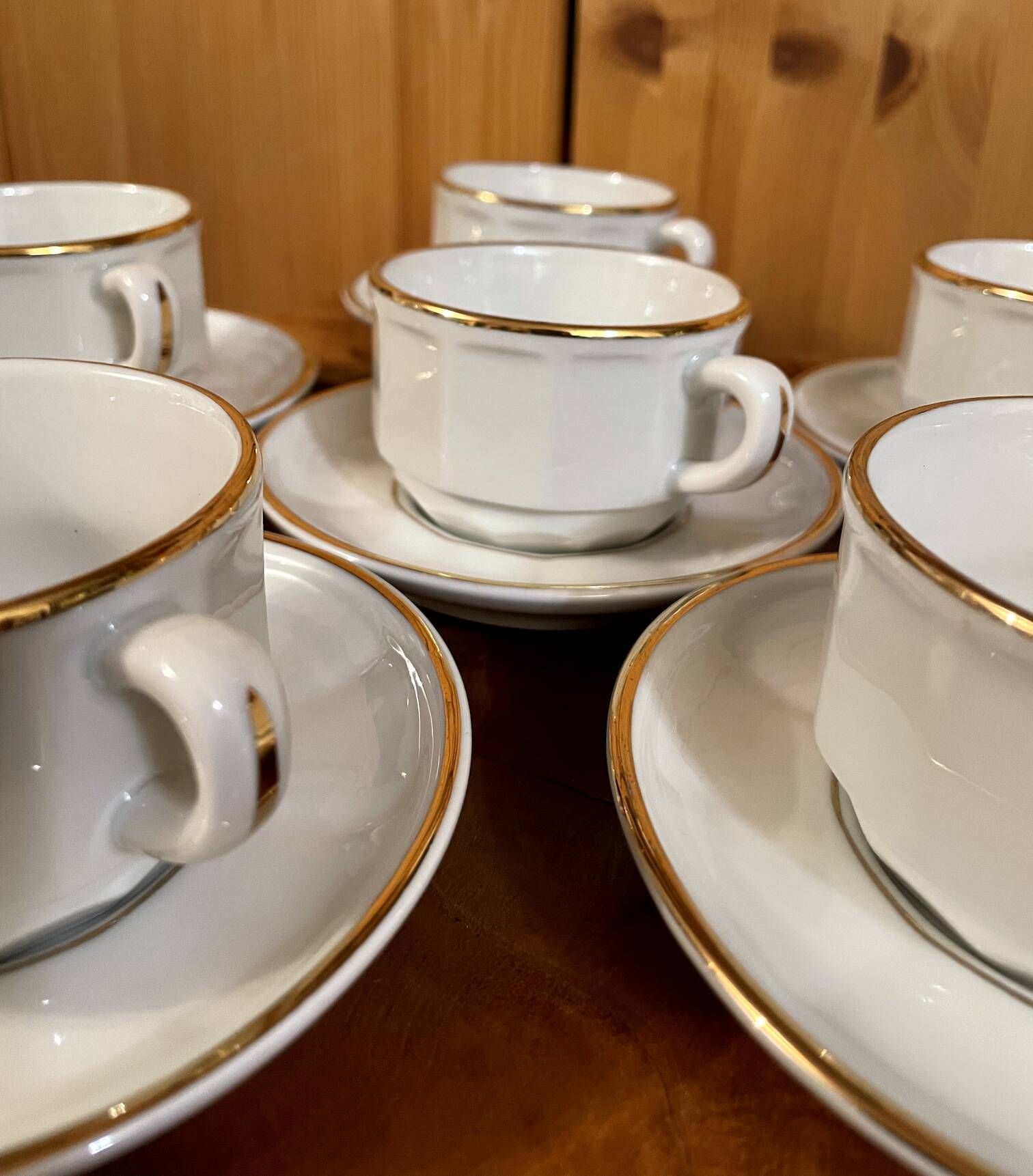 Set of 2 Apilco Flat French Porcelain Coffee Cups with Saucers, Model Flora
