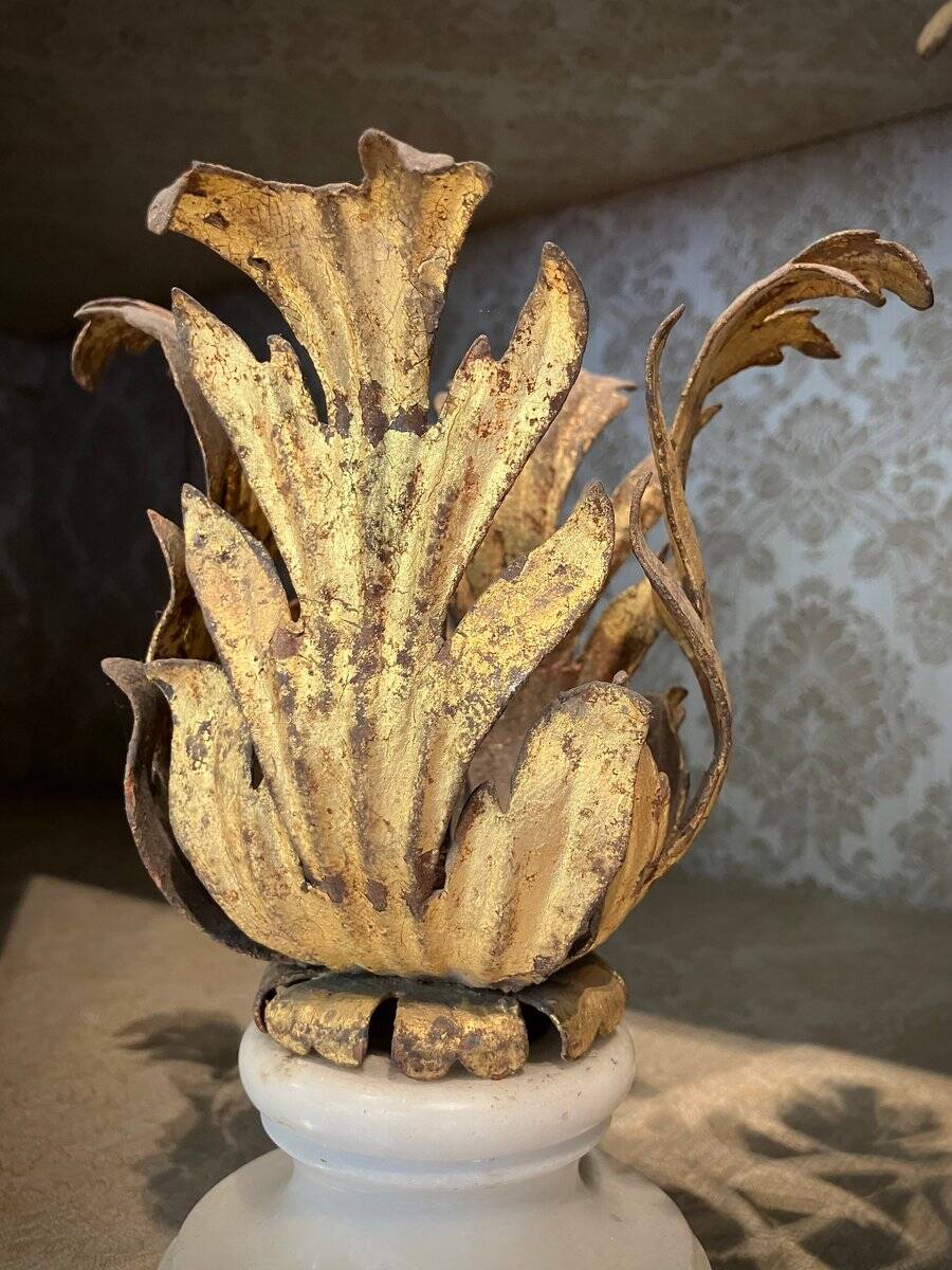 Florentine Renaissance Gilded Iron Acanthus Leaf Candleholders on Carrara Marble Bases, Set of 2