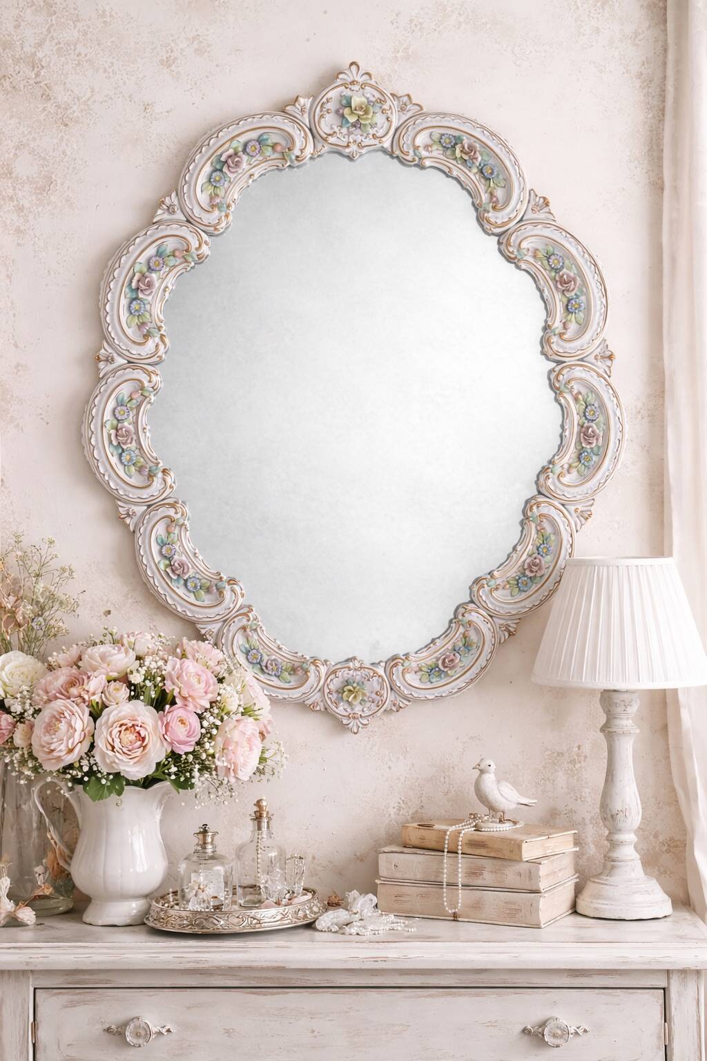 Rococo mirror in floral and gilded Saxon porcelain – Louis XV style