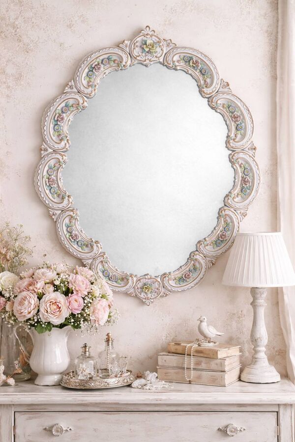 Miroir rocaille en porcelaine de Saxe fleuri et doré, style Louis XV