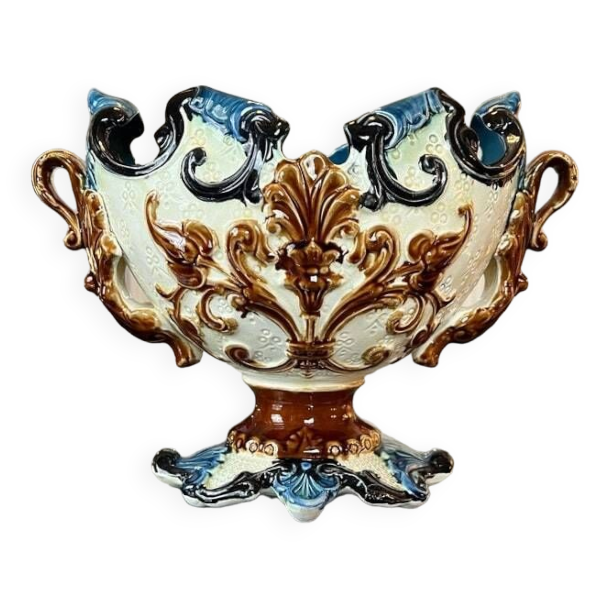 Glazed Earthenware Planter - Barbotine Early 20th Century - Ochre and Blue