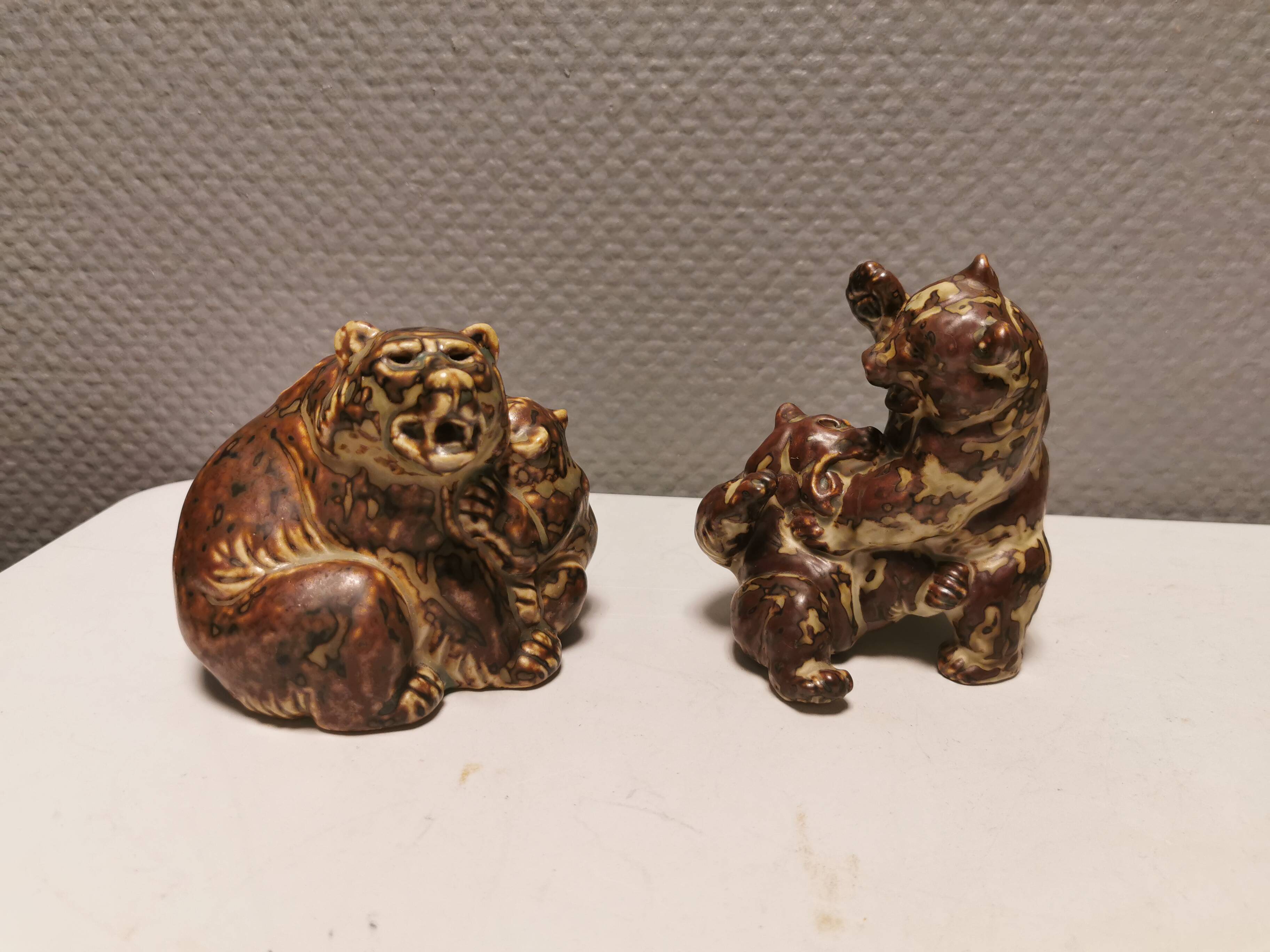Two bear figurines from Danish Royal Copenhagen mid last century in sung glaze by Knud Kyhn (KK)