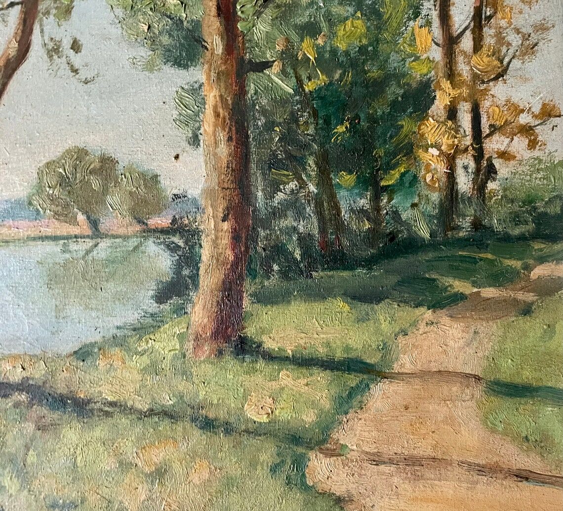 1940s French Landscape oil painting on canvas River, trees and path