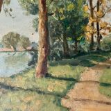 1940s French Landscape oil painting on canvas River, trees and path