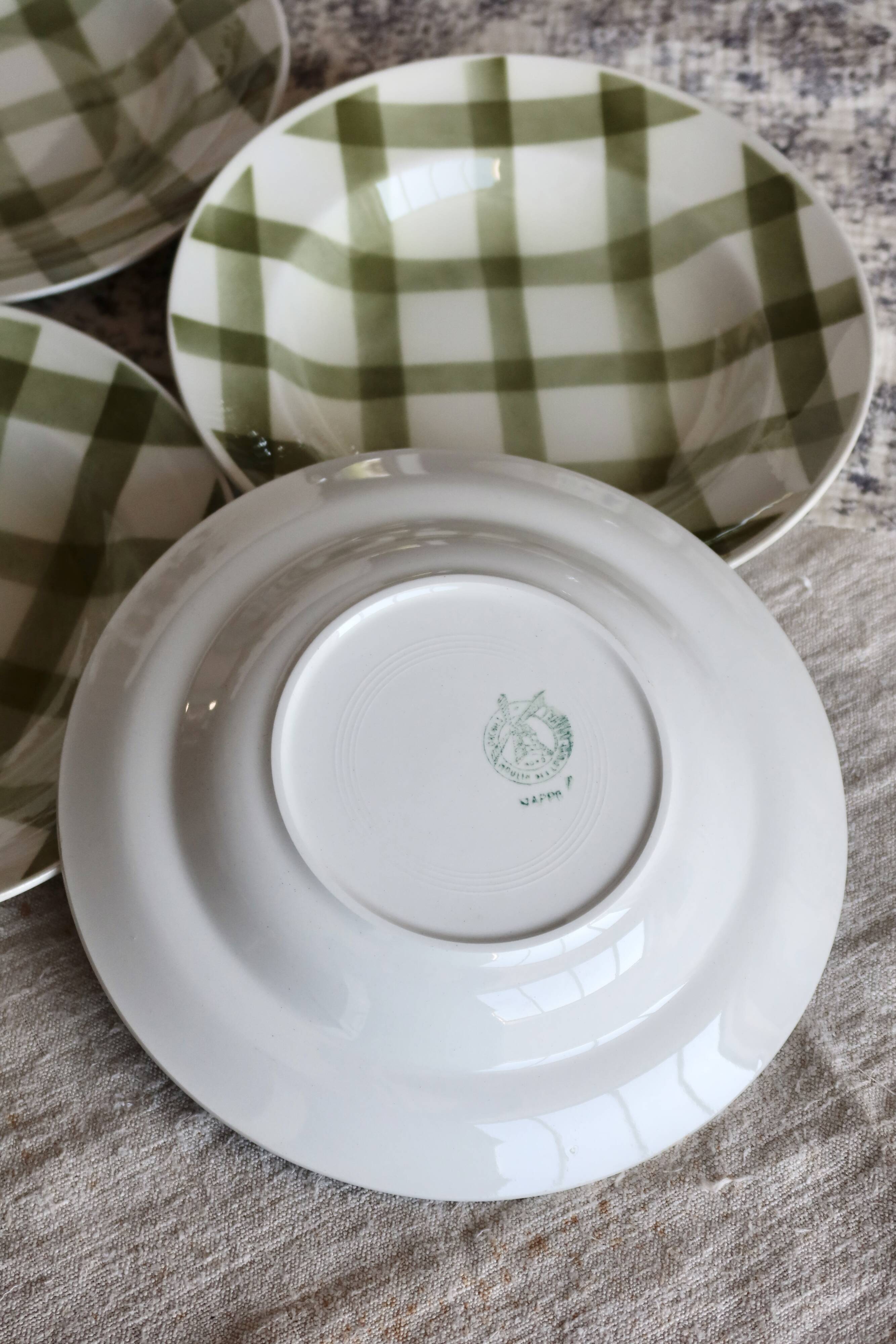 4 vintage earthenware soup plates Moulin Des Loups Nappe green model