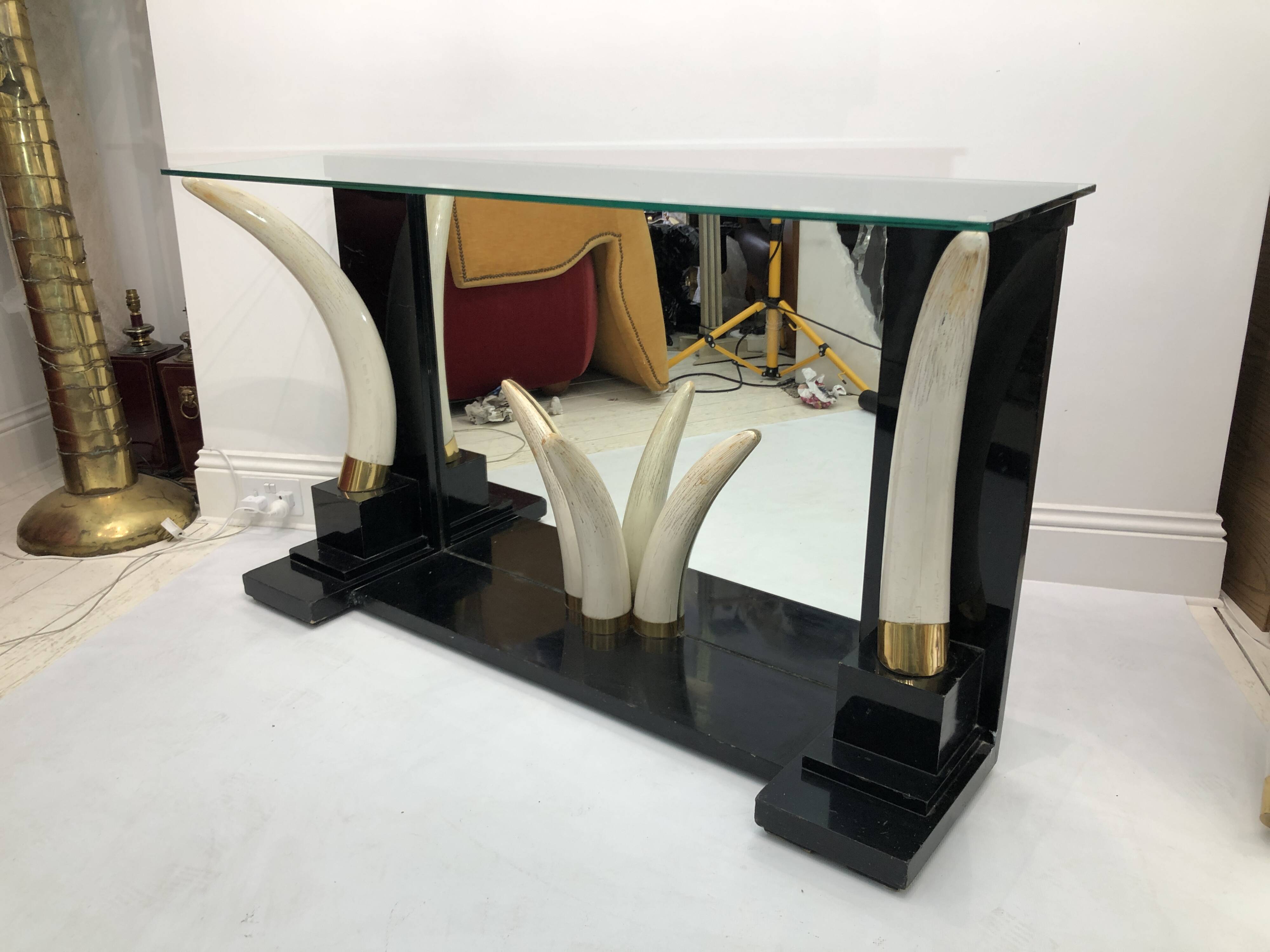 Versailles collection elephant faux tusk ebony console table mirror glass 1970s