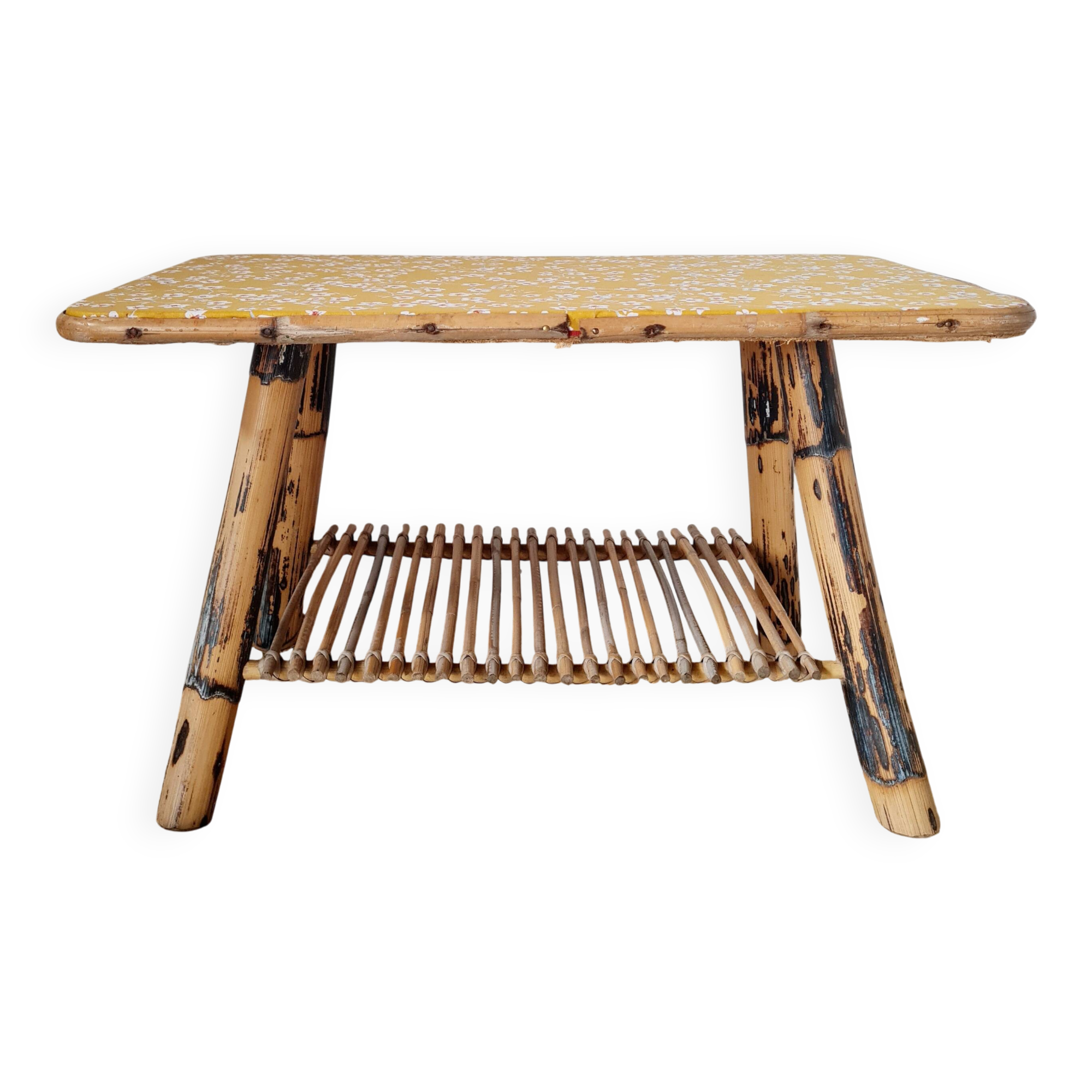 Antique rattan coffee table - yellow floral top