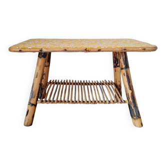 Antique rattan coffee table - yellow floral top
