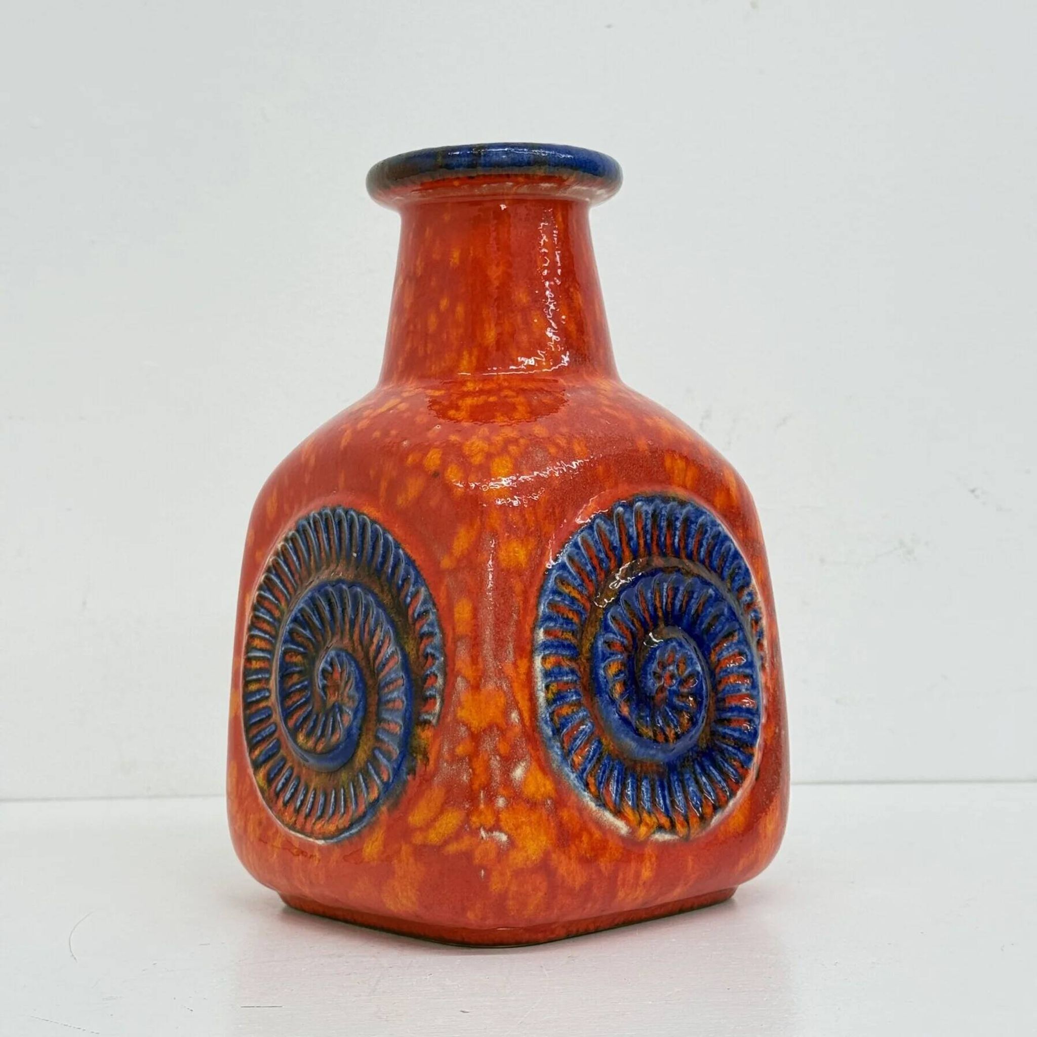 Scheurich West Germany Bay ceramic vase orange with blue fossils, 1970s