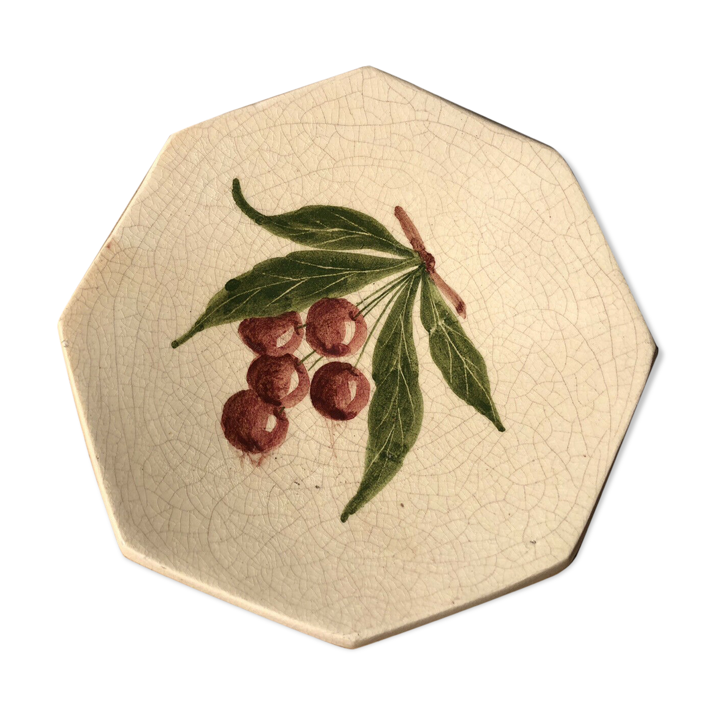 Empty cup pocket in cracked earthenware cherry decoration signed Lauray