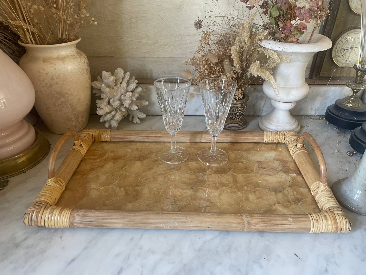 Vintage mother-of-pearl and rattan tray
