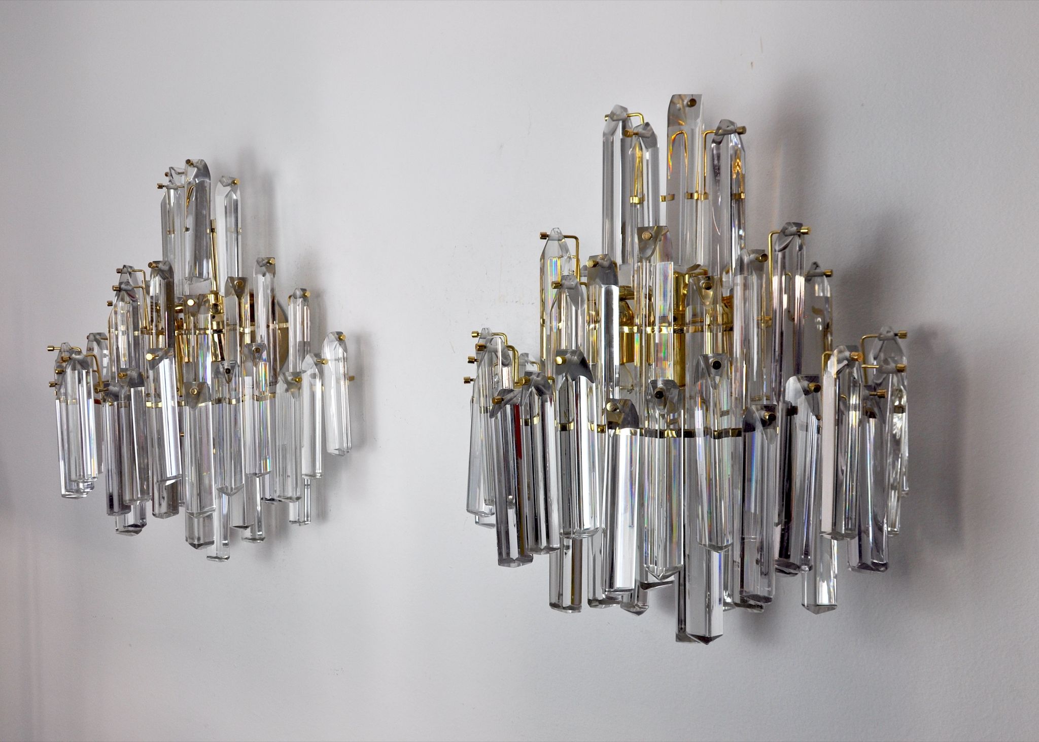Pair of venini wall lamps, 3 levels, murano glass, italy, 1970