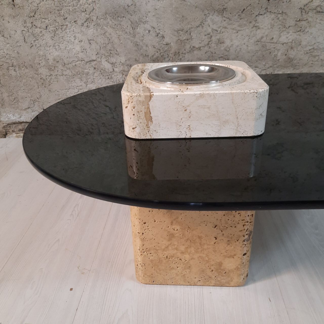 Coffee table with tray - travertine and glass - vintage.