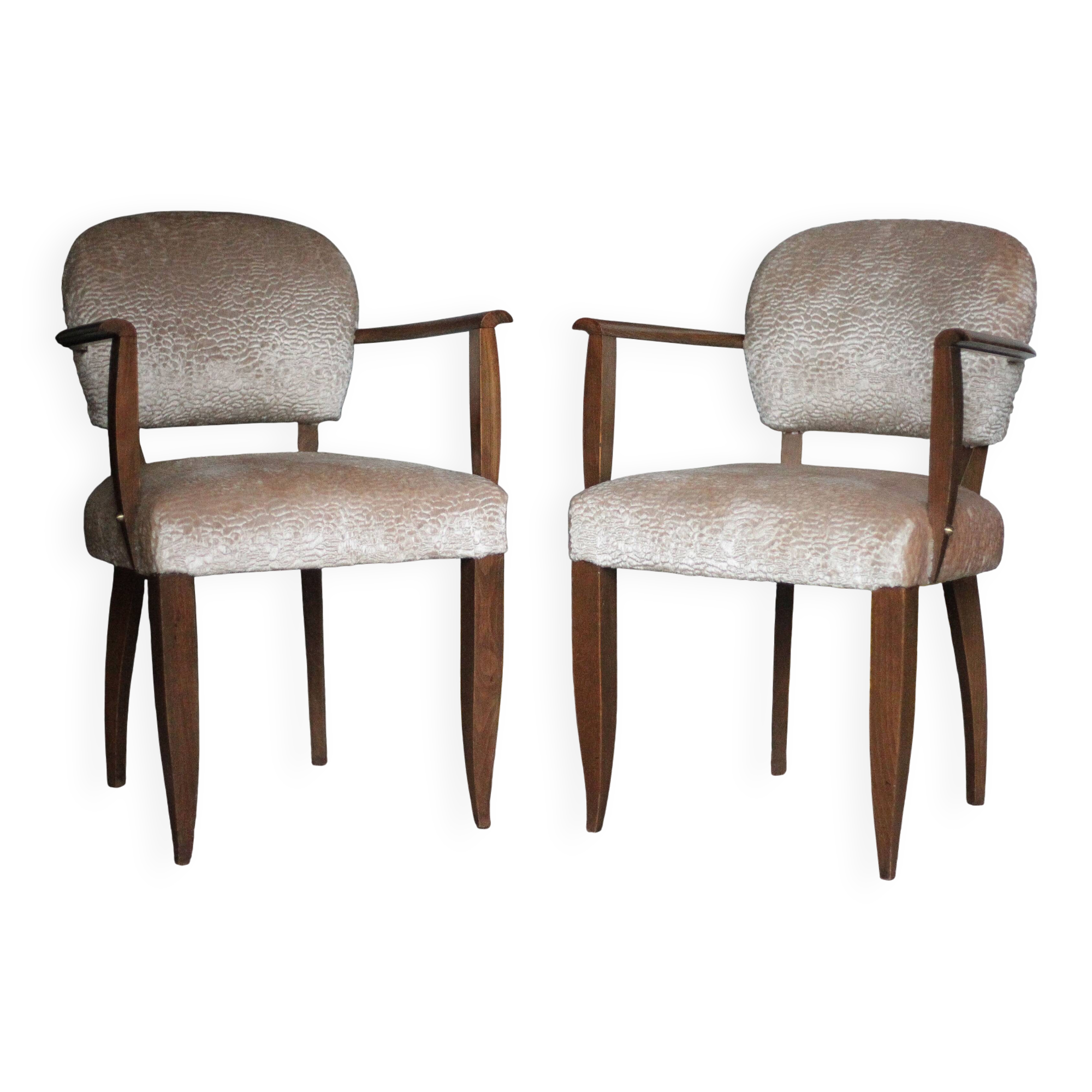 Pair of bridge chairs in wood and powder pink satin-effect fabric, Art Deco style