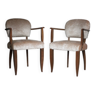 Pair of bridge chairs in wood and powder pink satin-effect fabric, Art Deco style