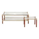 1970s gold chrome and leather coffee table + end table