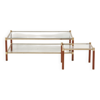 Table basse + bout de canapé en chrome doré et cuir des années 1970