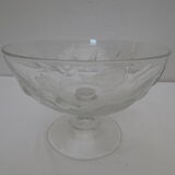 vintage cut on transparent glass/crystal stand, frosted rose patterns in relief