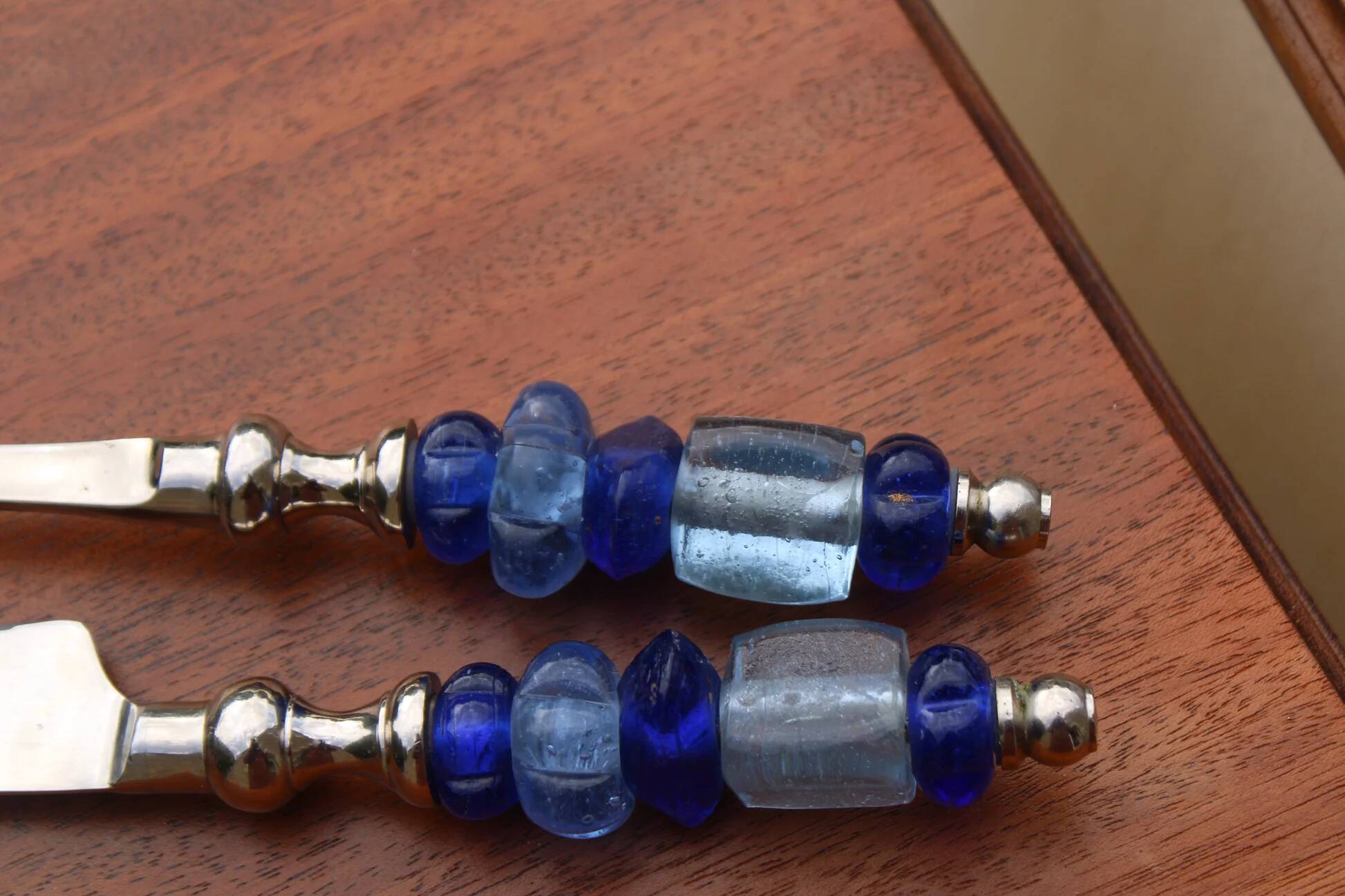 Vintage carving set knife and fork – handles made of blue glass beads