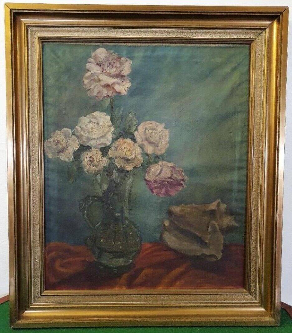 20th century Colorful Flower Bouquet Oil on Canvas Still LIfe