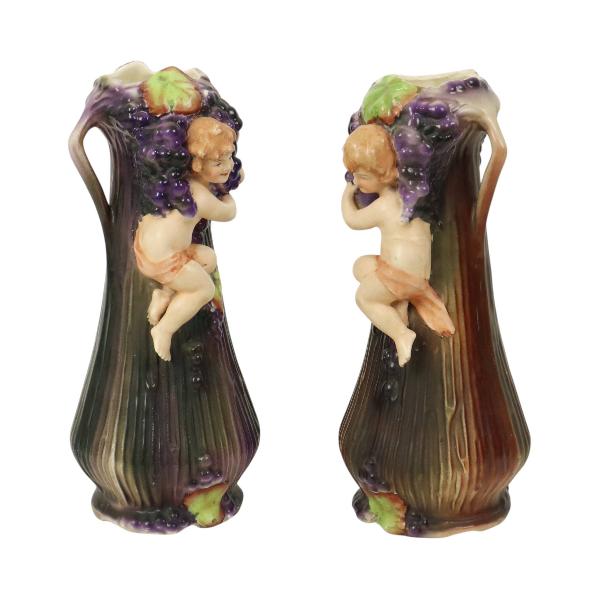 Art Nouveau Vases Putti Cherub Amphora Style Pottery