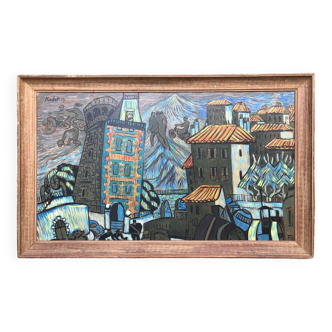 Léo MAILLET (1902-1990) Huile sur panneau - 1957 - Ville imaginaire