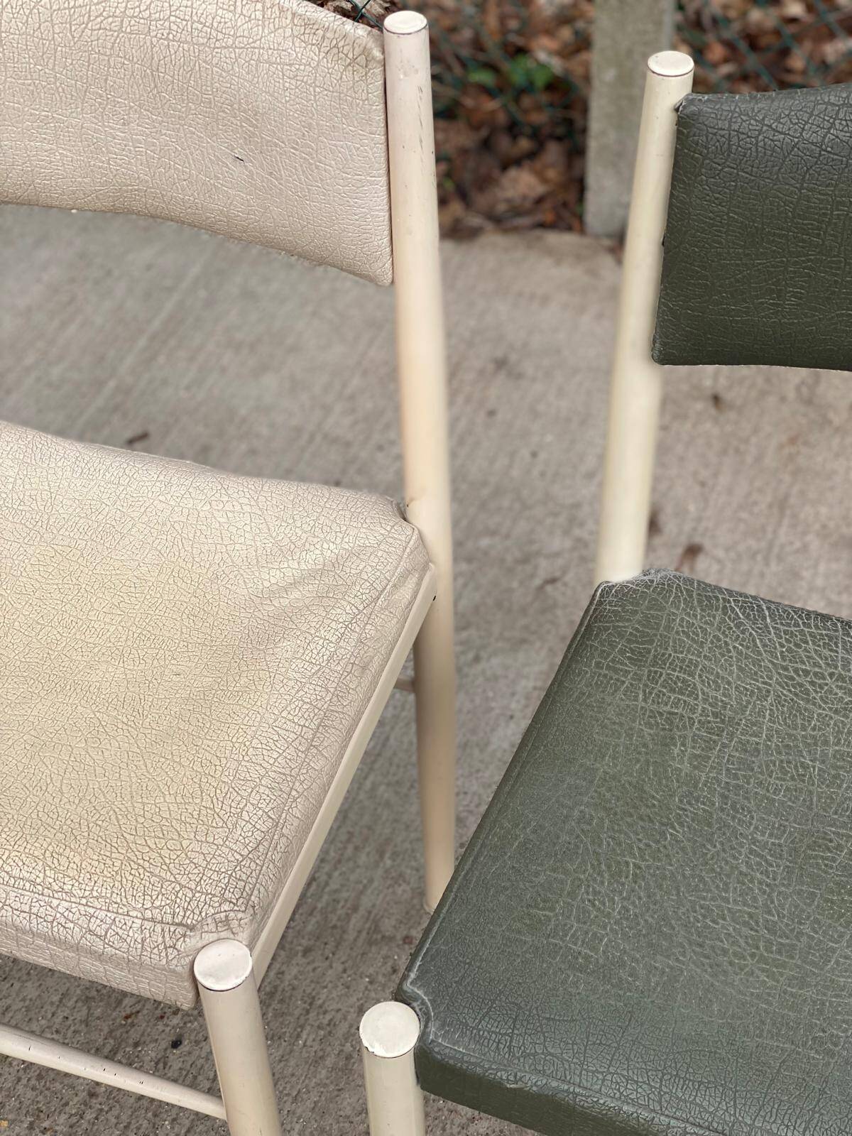 3 Scandinavian Baumann style chairs, steel and white and dark green crocodile leather