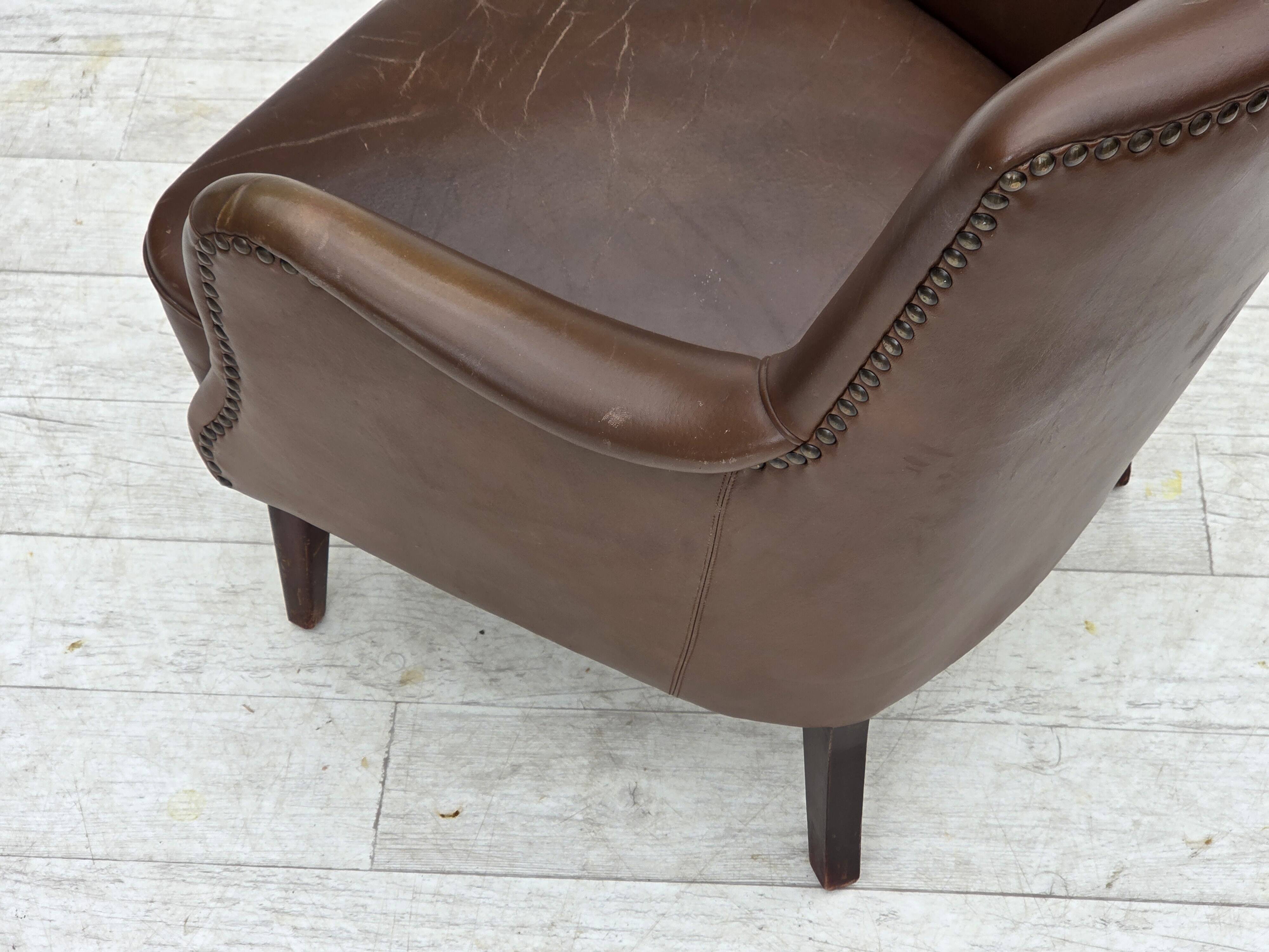 1960s, Danish armchair, furniture leather, ash wood legs.