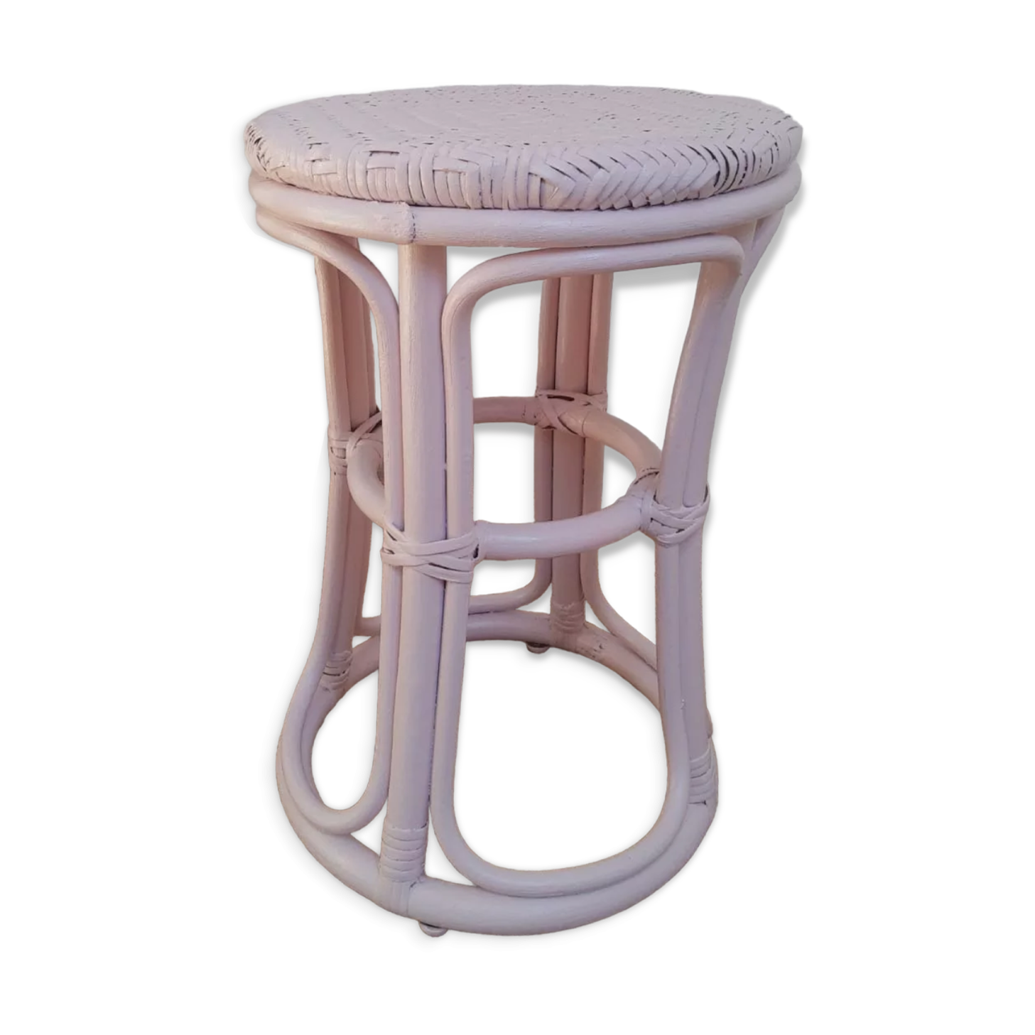 Vintage powder pink rattan stool