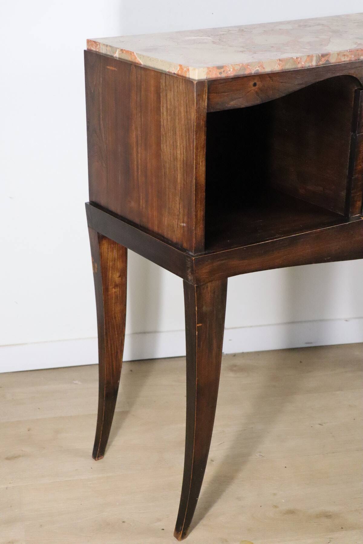 Vintage wooden and marble console table – classic style curved legs, 1950s