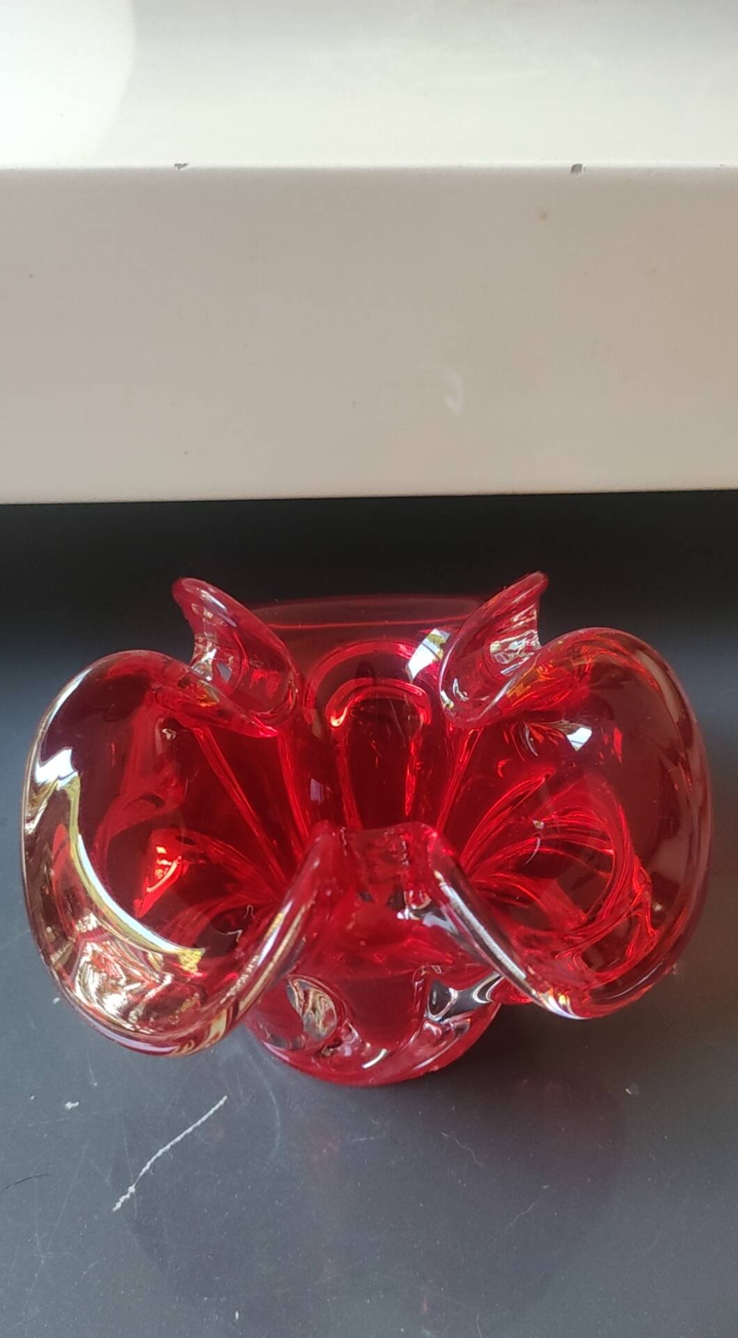 Murano Ashtray/Tray. Organic floral shape. Ruby red, 14cm.
