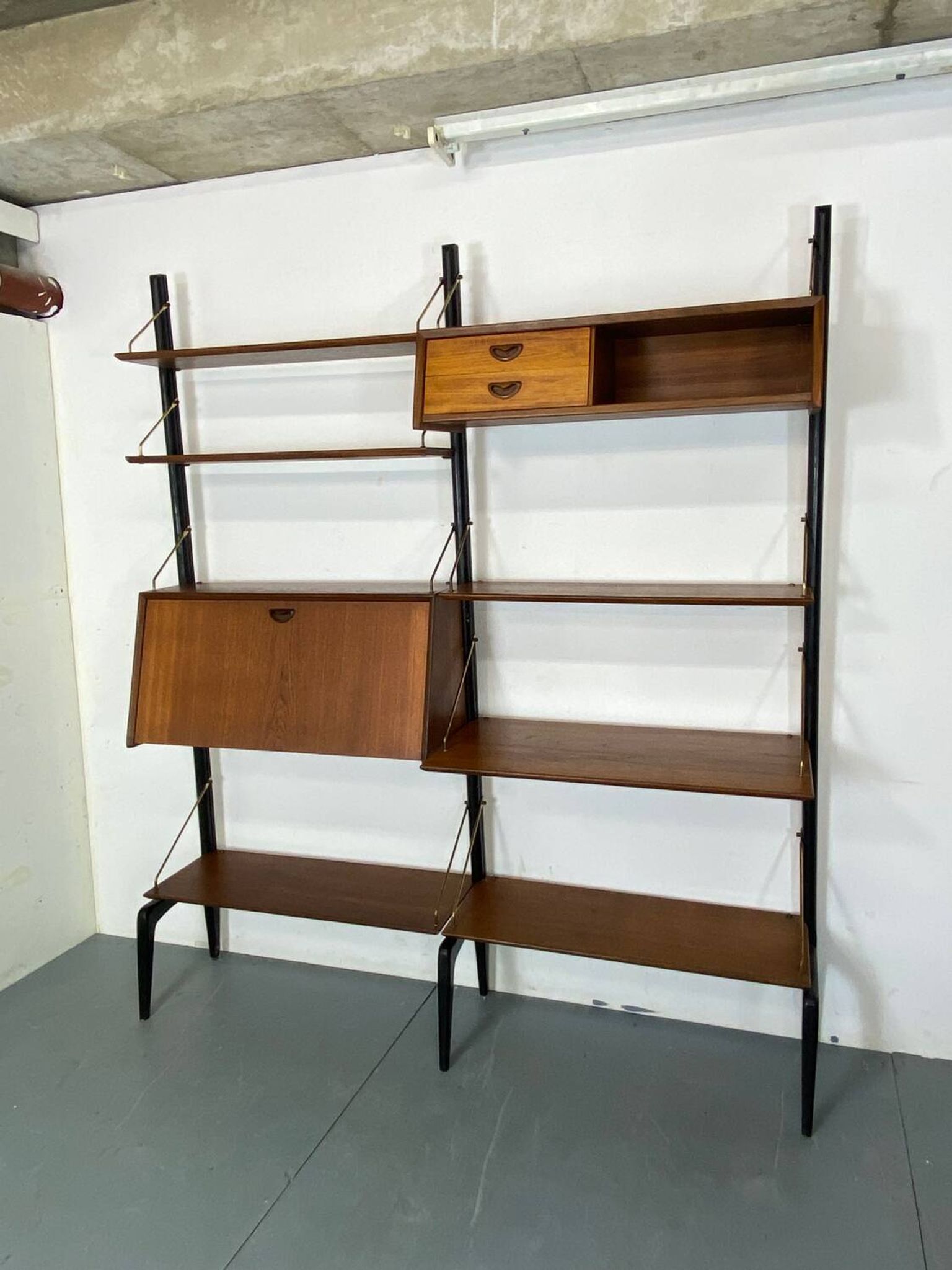 Mid-Century Danish Style Teak and Brass Wall System Unit by Louis Van Teeffelen for Wébé, 1950s