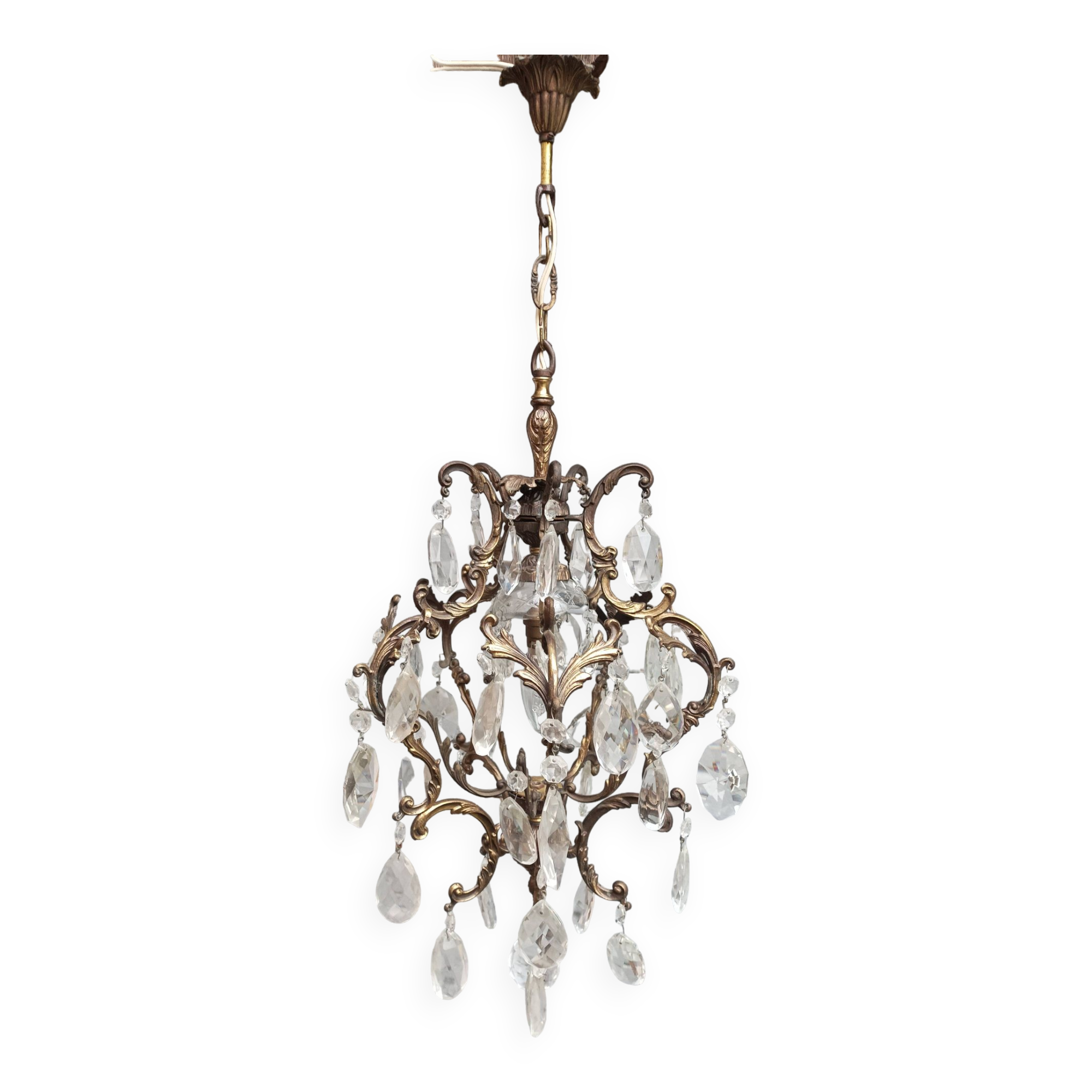 Rare old chandelier / lantern in patinated bronze, Louis XV style / working condition