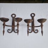 Pair of antique 15th century medieval castle wrought iron candlesticks