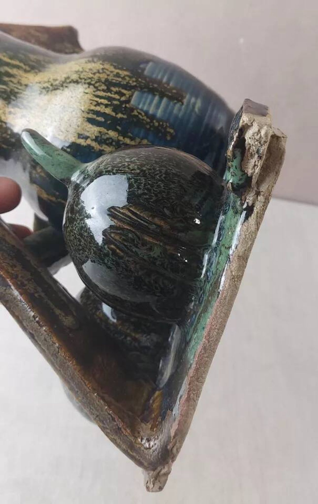 Old terracotta vase, pumpkin decoration, wood, to be identified