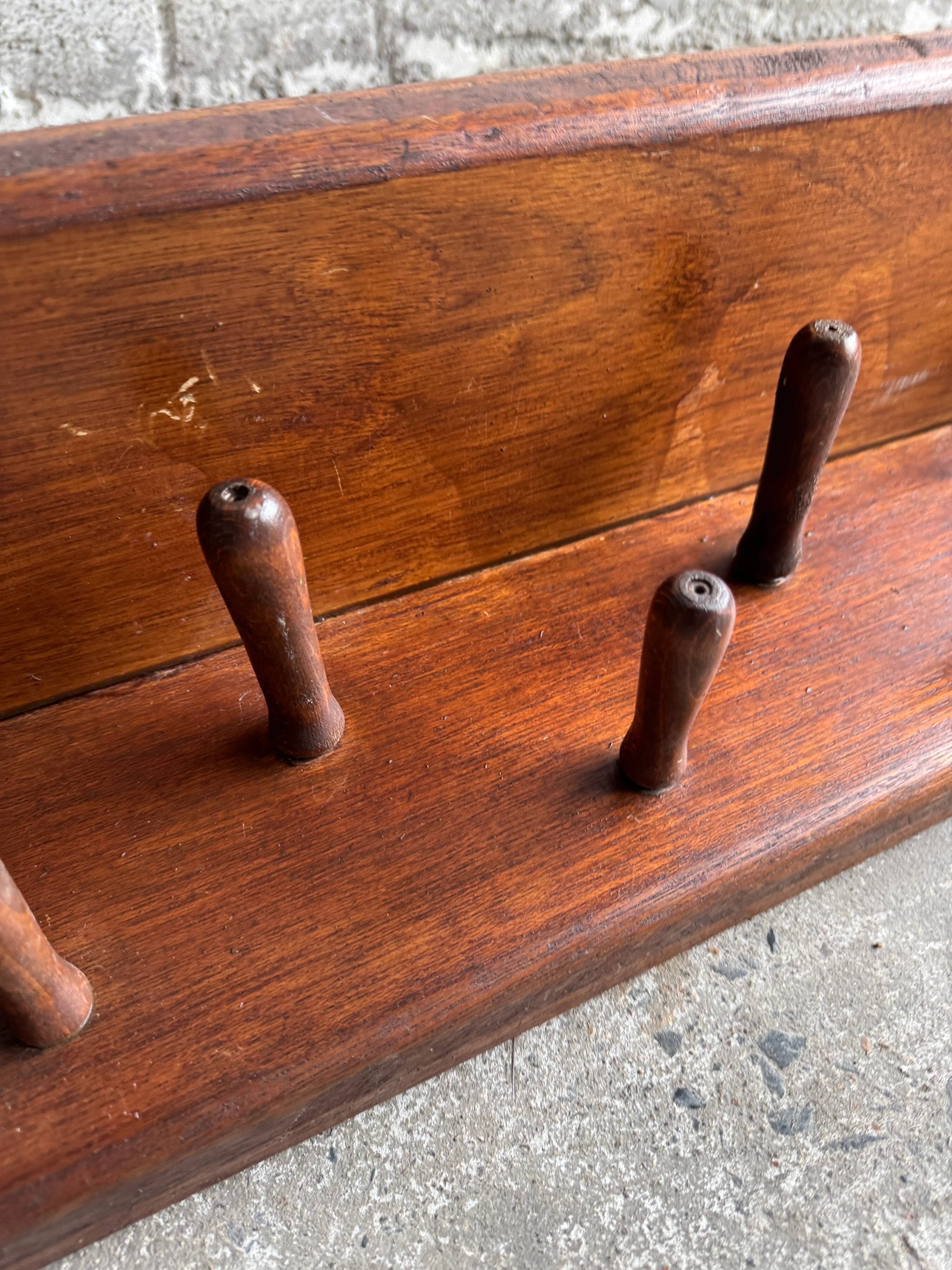 Extra-Long Solid Wood Wall Coat Rack, Walnut Brown, 20 Pegs — Mid-Century Vintage