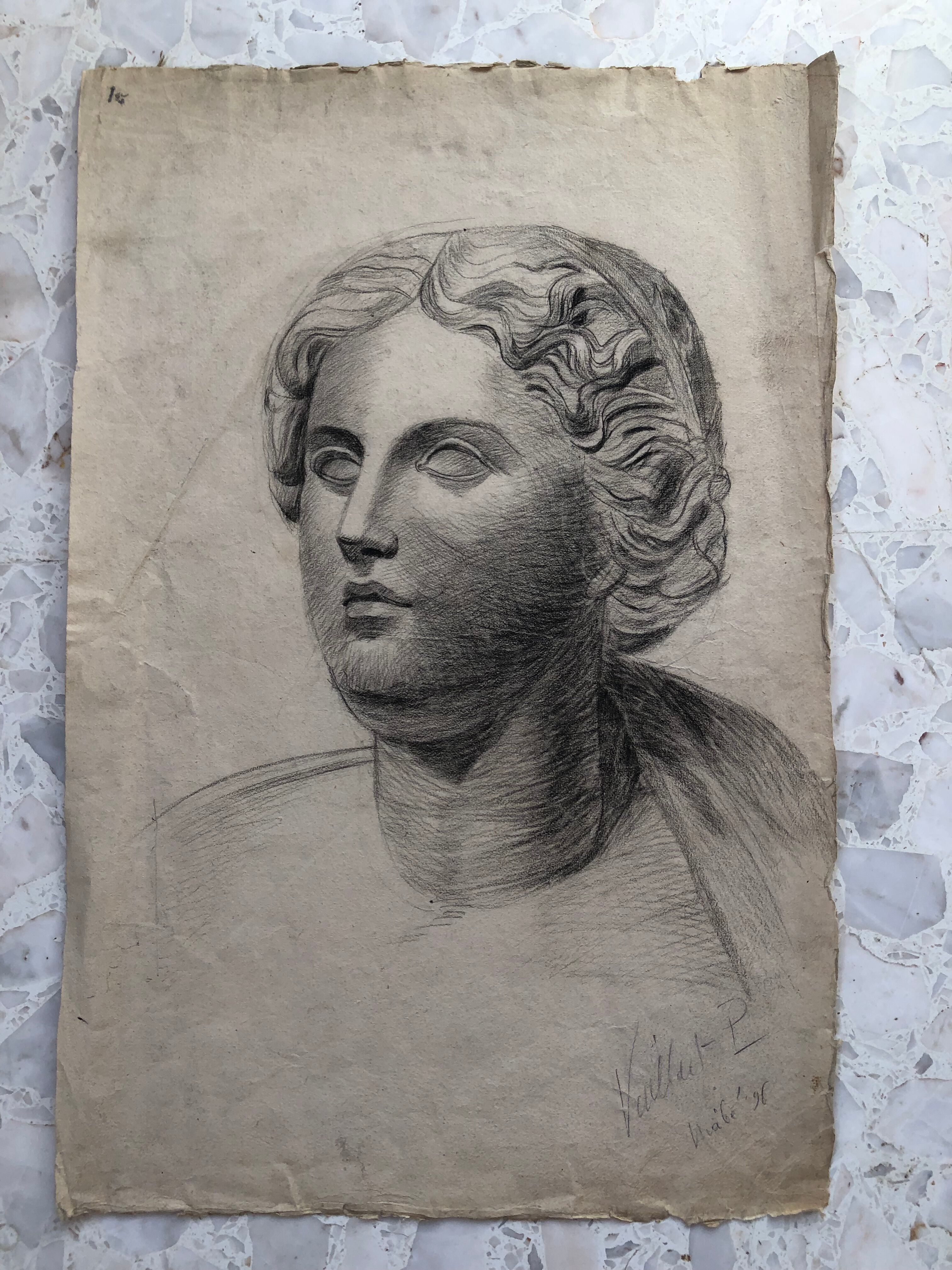 Dessin xix fusain etude académique buste antique niobe signé pierre vaillant 1896, beaux arts paris