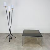 Table basse carrée chrome et verre fumée années 70