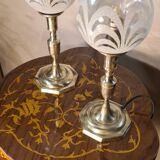 pair of brass bedside lamps and glass ball 32x160