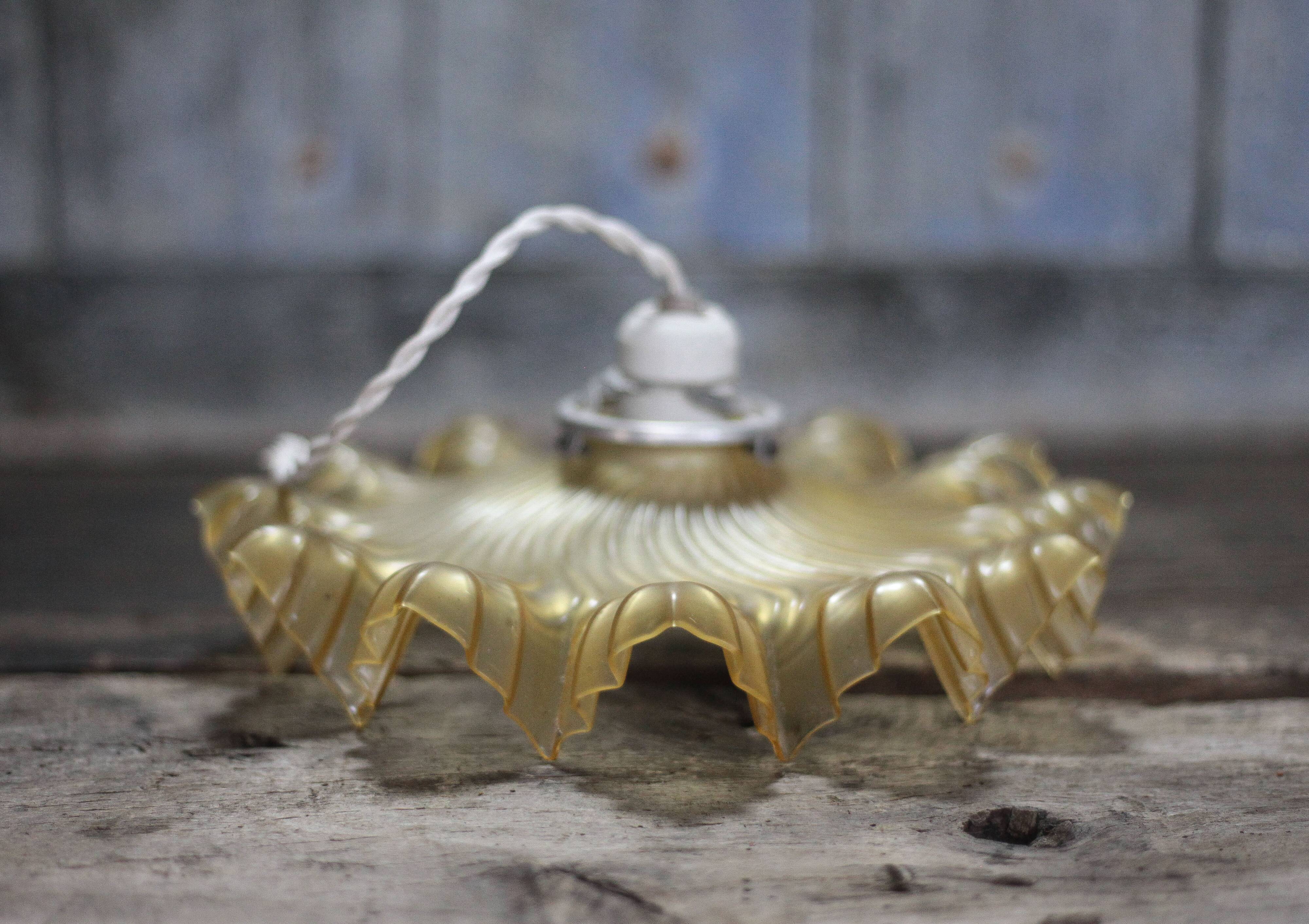 Vintage yellow glass suspension with corolla, glass chandelier, ceiling lamp.