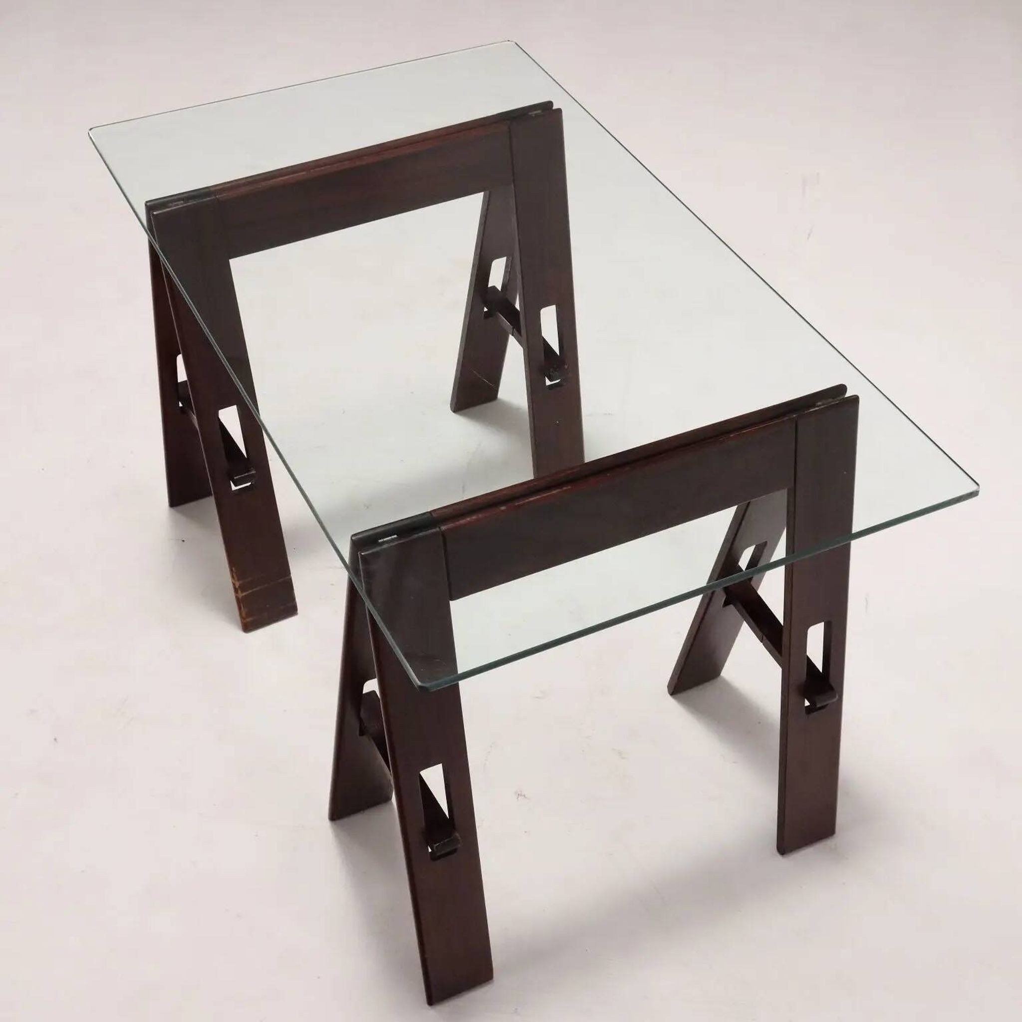 Vintage wooden trestle table with a crystal top, Italy, 1980s.