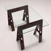 Vintage wooden trestle table with a crystal top, Italy, 1980s.