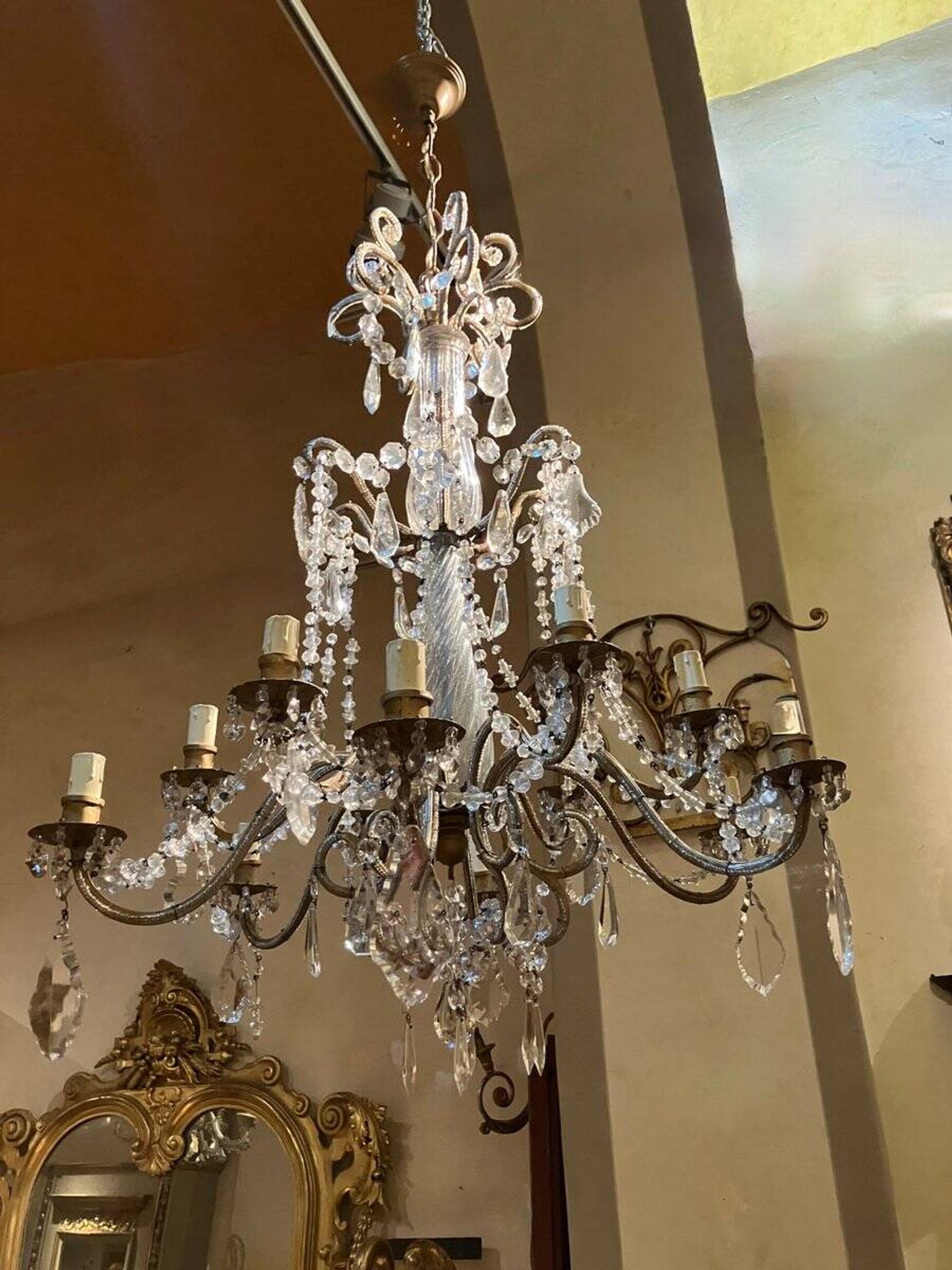 Italian Cut Crystal and Glass Beads Cage Chandelier, 1800s