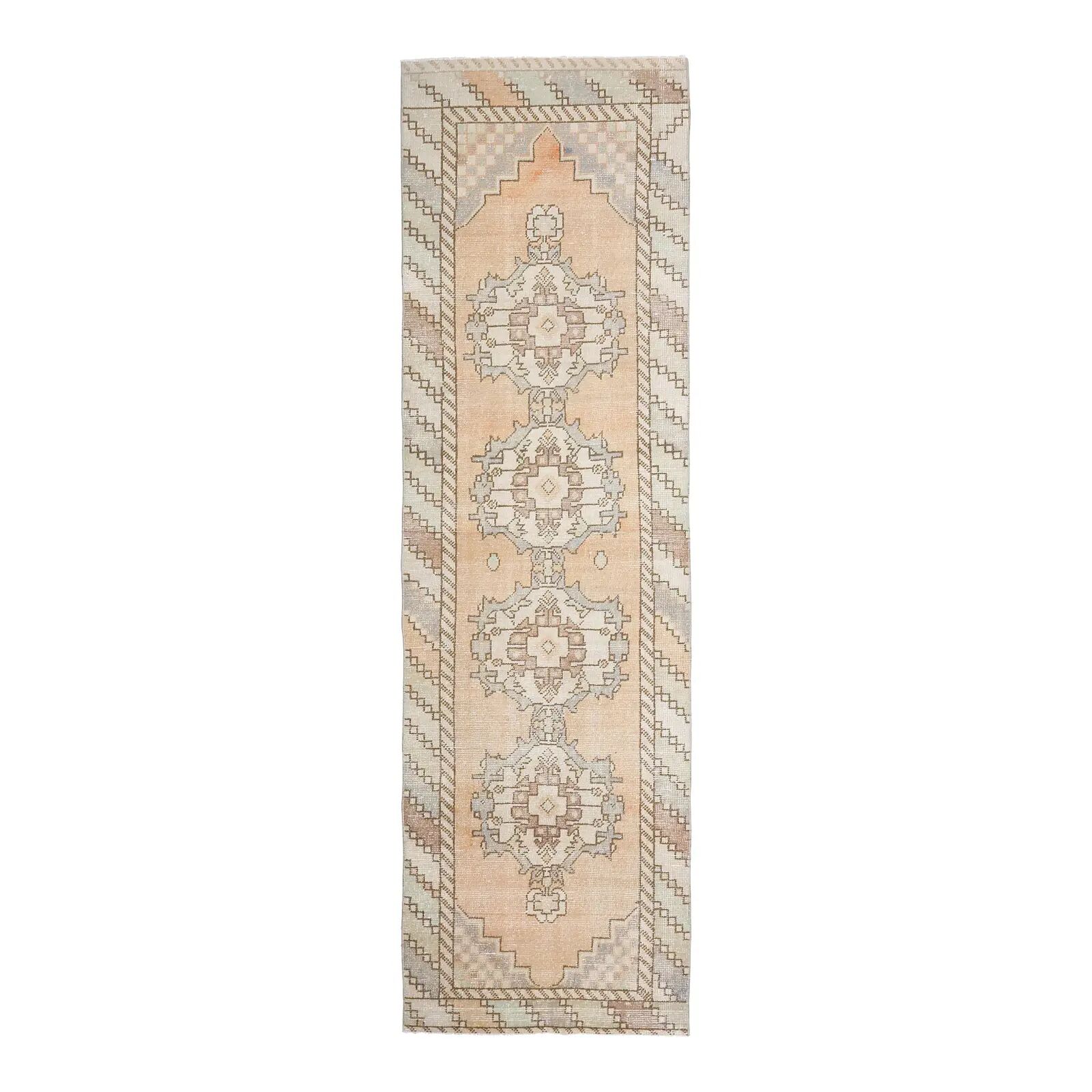 Tapis de couloir vintage turc Oushak fait main en laine et coton orange