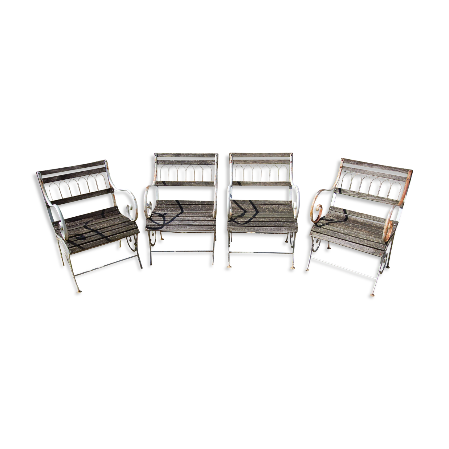 4 20TH CENTURY PAINTED WOOD AND METAL GARDEN CHAIRS